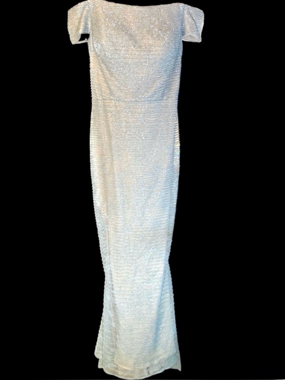 Hynes Park Silver Nude Chantilly Lace Off-Shoulder Beaded Lace Sheath Gown NWT
